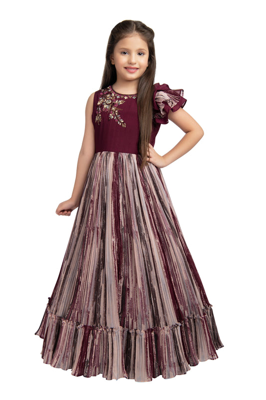 Burgundy Coloured Ruffle Style One Sided Sleeves Gown For Girls - Betty Ethnic India - Gown - Betty Girls Wear Online