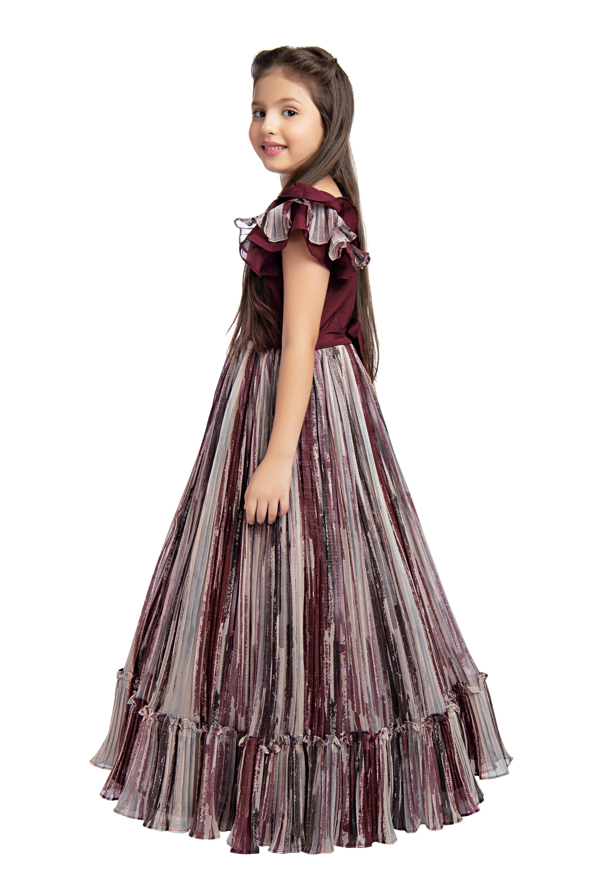 Burgundy Coloured Ruffle Style One Sided Sleeves Gown For Girls - Betty Ethnic India - Gown - Betty Girls Wear Online