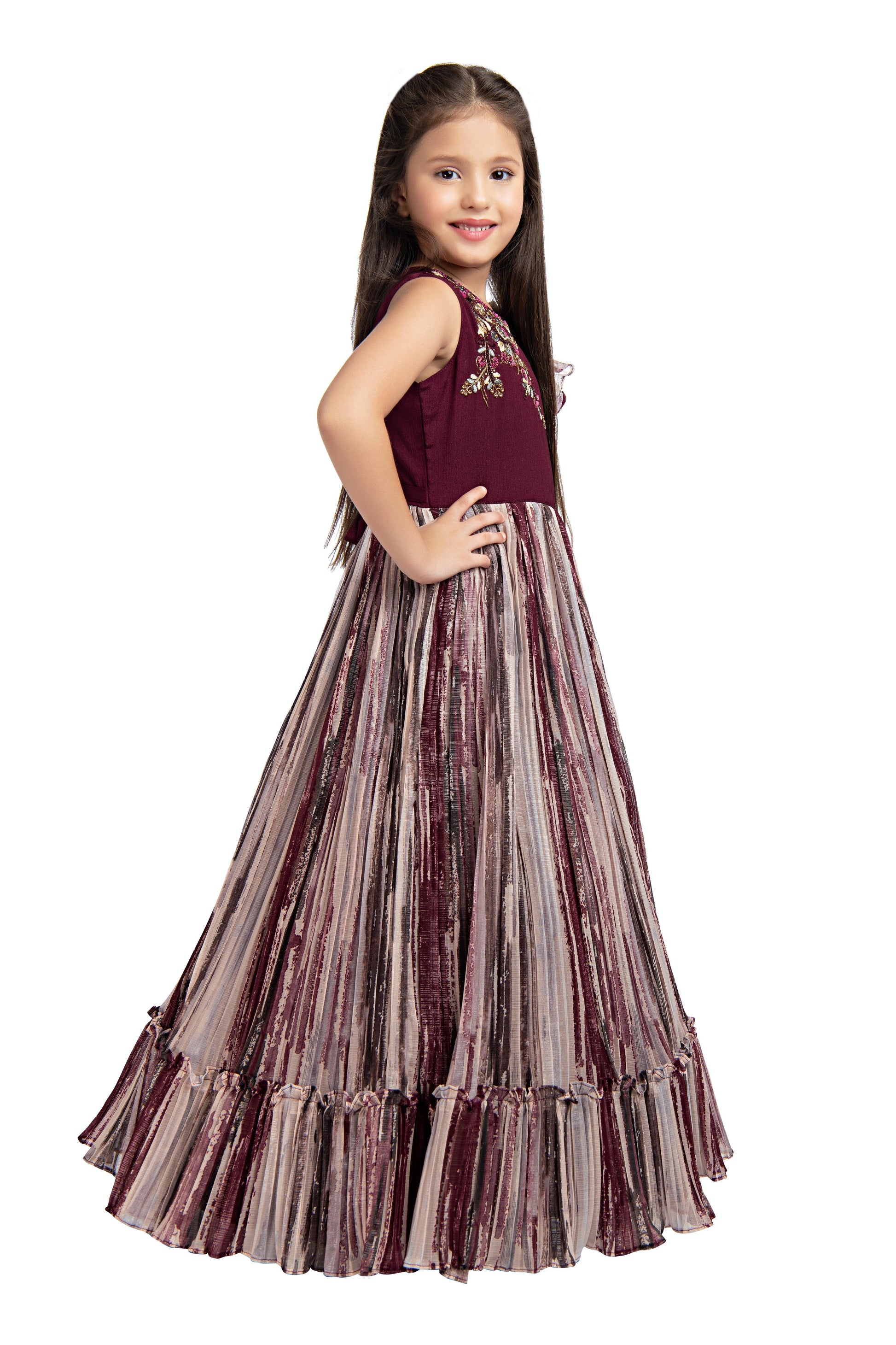 Burgundy Coloured Ruffle Style One Sided Sleeves Gown For Girls - Betty Ethnic India - Gown - Betty Girls Wear Online
