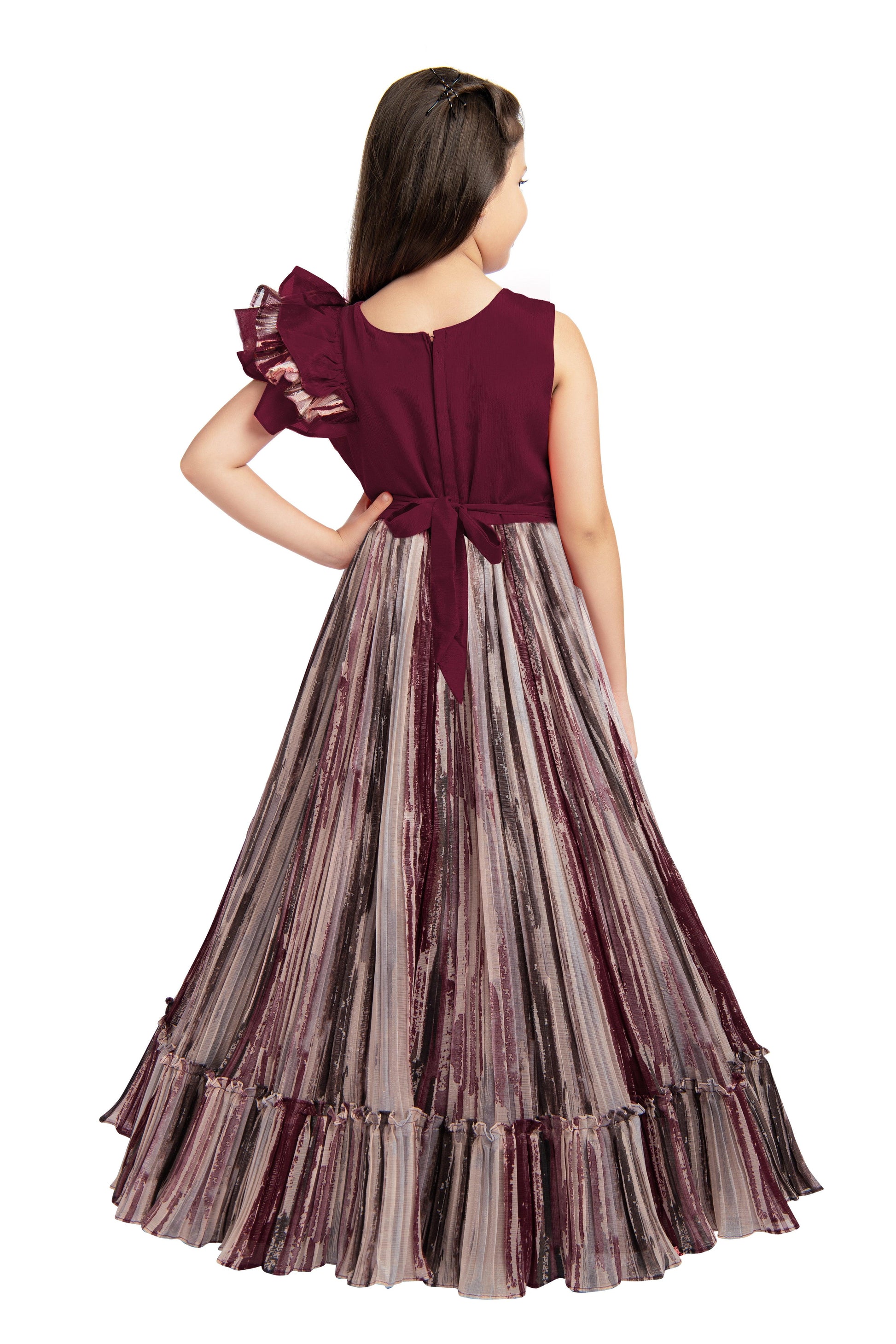Burgundy Coloured Ruffle Style One Sided Sleeves Gown For Girls - Betty Ethnic India - Gown - Betty Girls Wear Online