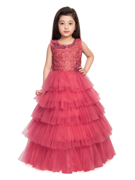 Rose Pink Coloured Embellished Layered Design Net Gown For Girls - Betty Ethnic India - Gown - Betty Girls Wear Online