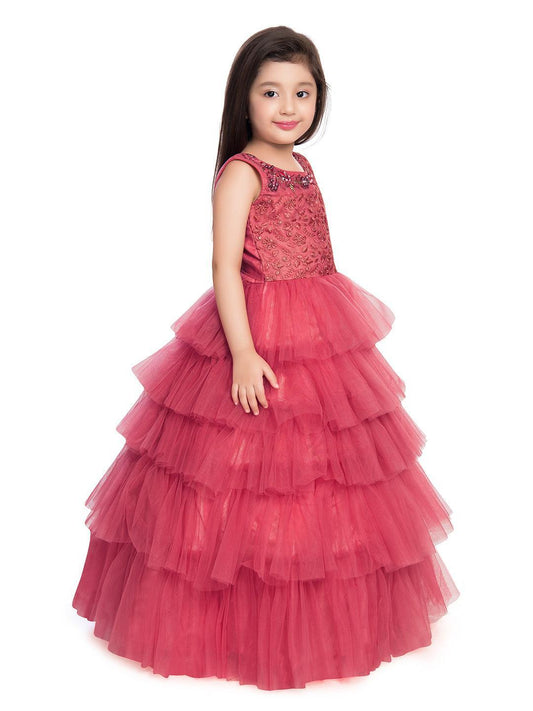 Rose Pink Coloured Embellished Layered Design Net Gown For Girls - Betty Ethnic India - Gown - Betty Girls Wear Online