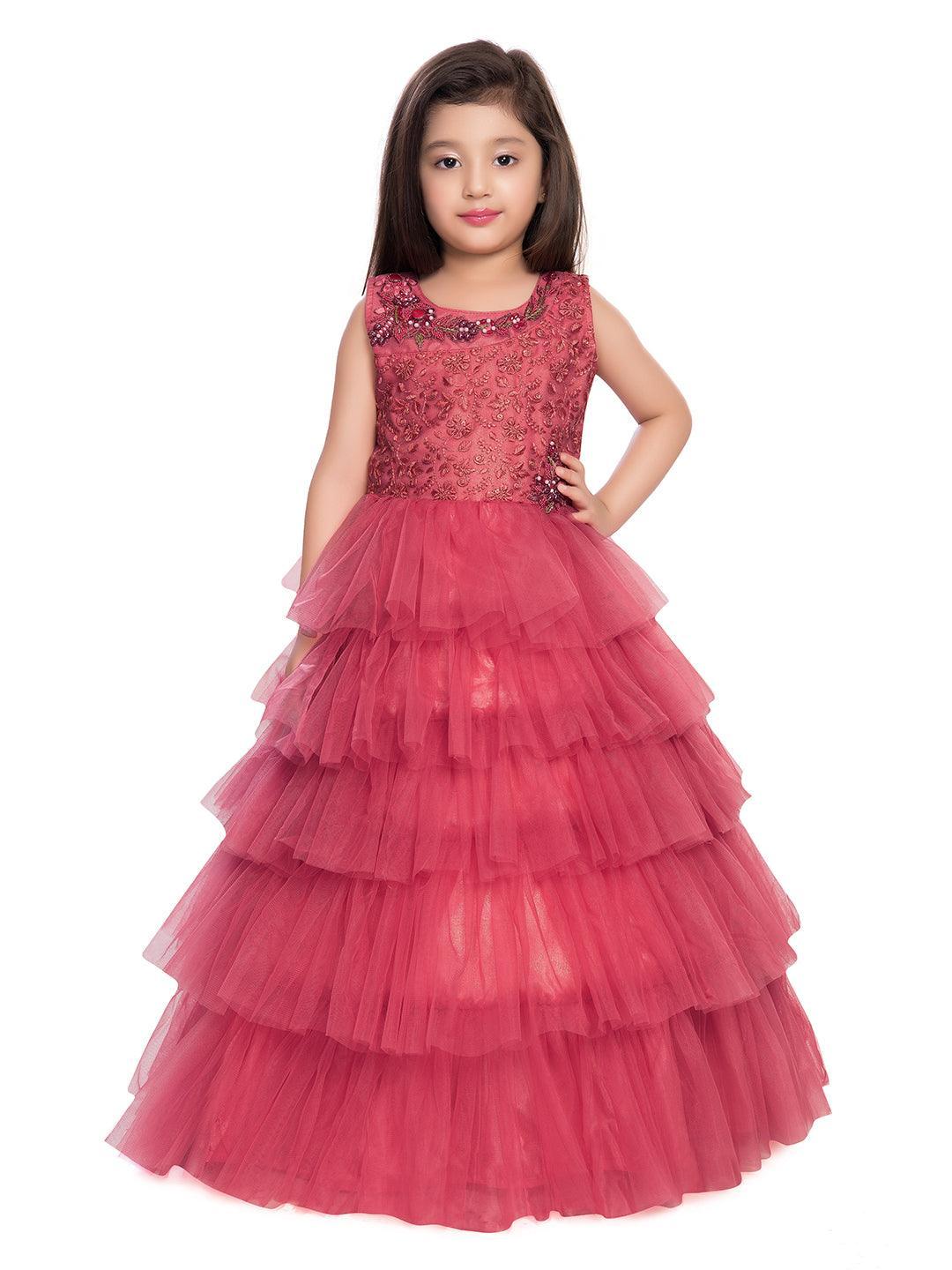 Rose Pink Coloured Embellished Layered Design Net Gown For Girls - Betty Ethnic India - Gown - Betty Girls Wear Online