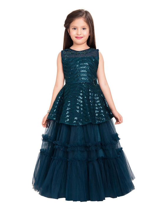 T-Blue Coloured Embellished Layered Net Gown For Girls - Betty Ethnic India - Gown - Betty Girls Wear Online