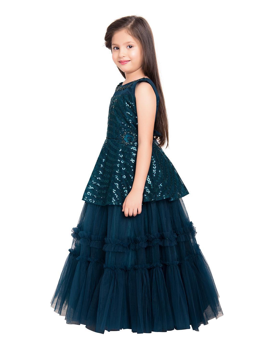 T-Blue Coloured Embellished Layered Net Gown For Girls - Betty Ethnic India - Gown - Betty Girls Wear Online