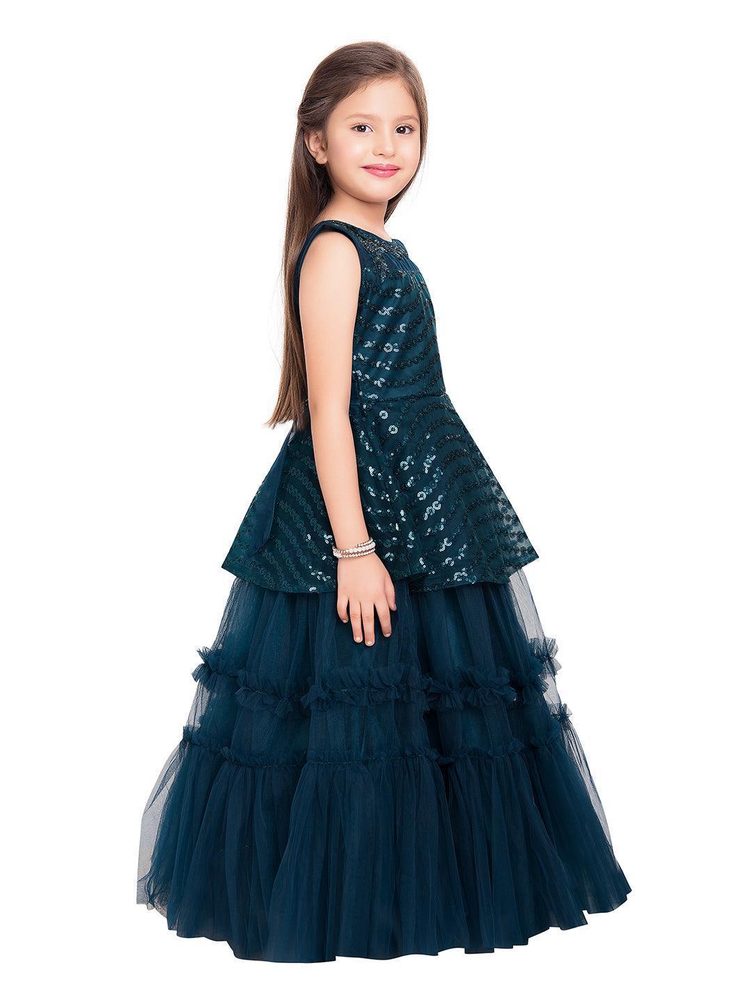 T-Blue Coloured Embellished Layered Net Gown For Girls - Betty Ethnic India - Gown - Betty Girls Wear Online