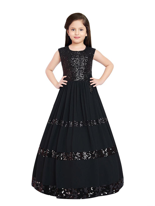 Black Coloured Sequined Georgette Gown For Girls - Betty Ethnic India - Gown - Betty Girls Wear Online