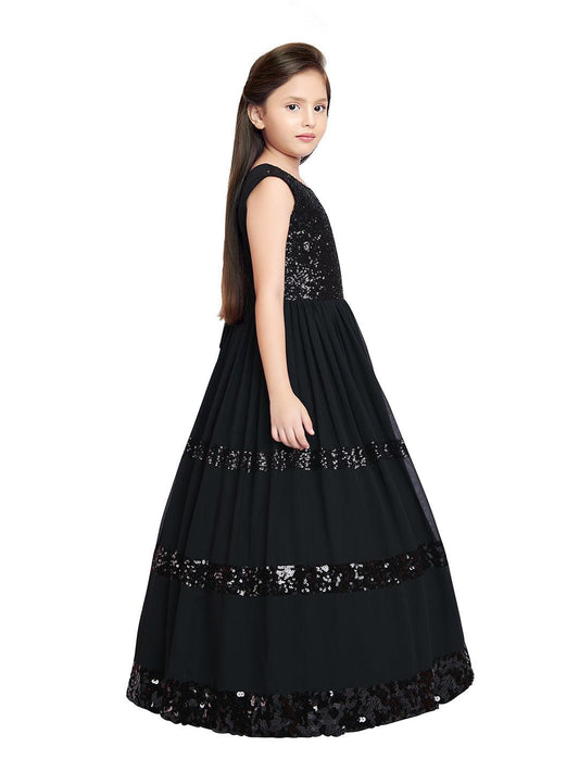 Black Coloured Sequined Georgette Gown For Girls - Betty Ethnic India - Gown - Betty Girls Wear Online