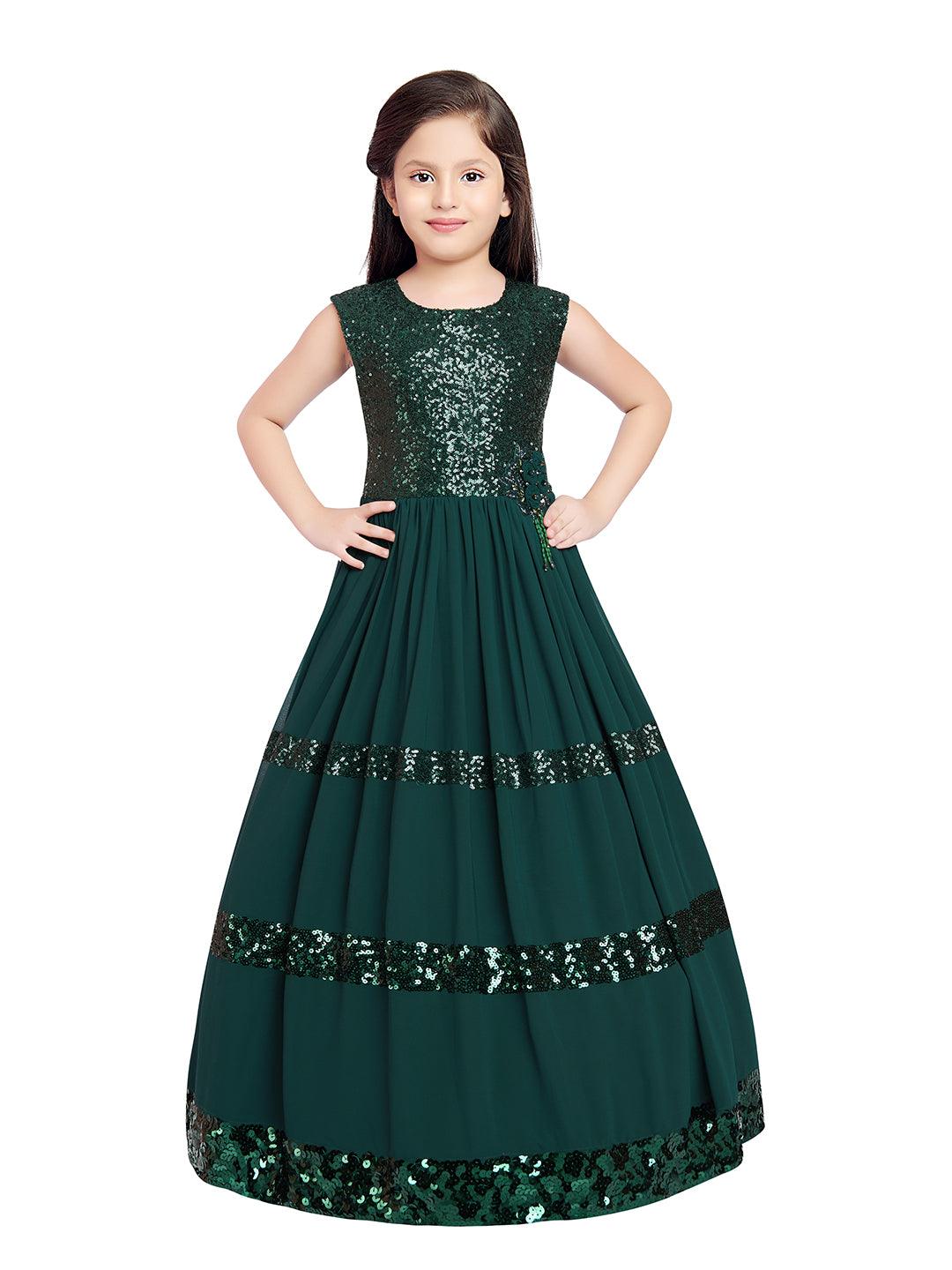 Bottle Green Coloured Sequined Georgette Gown For Girls - Betty Ethnic India - Gown - Betty Girls Wear Online