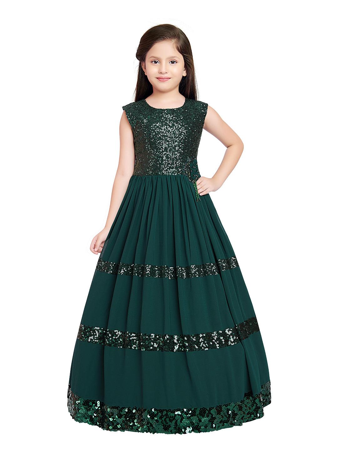 Bottle Green Coloured Sequined Georgette Gown For Girls - Betty Ethnic India - Gown - Betty Girls Wear Online