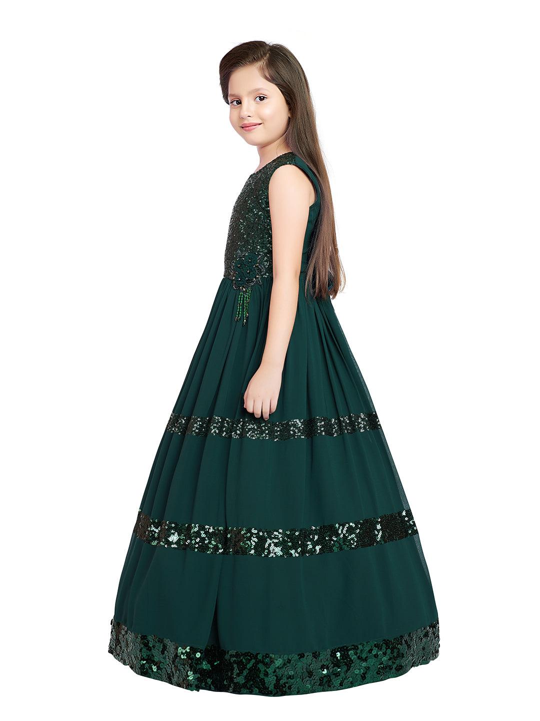 Bottle Green Coloured Sequined Georgette Gown For Girls - Betty Ethnic India - Gown - Betty Girls Wear Online