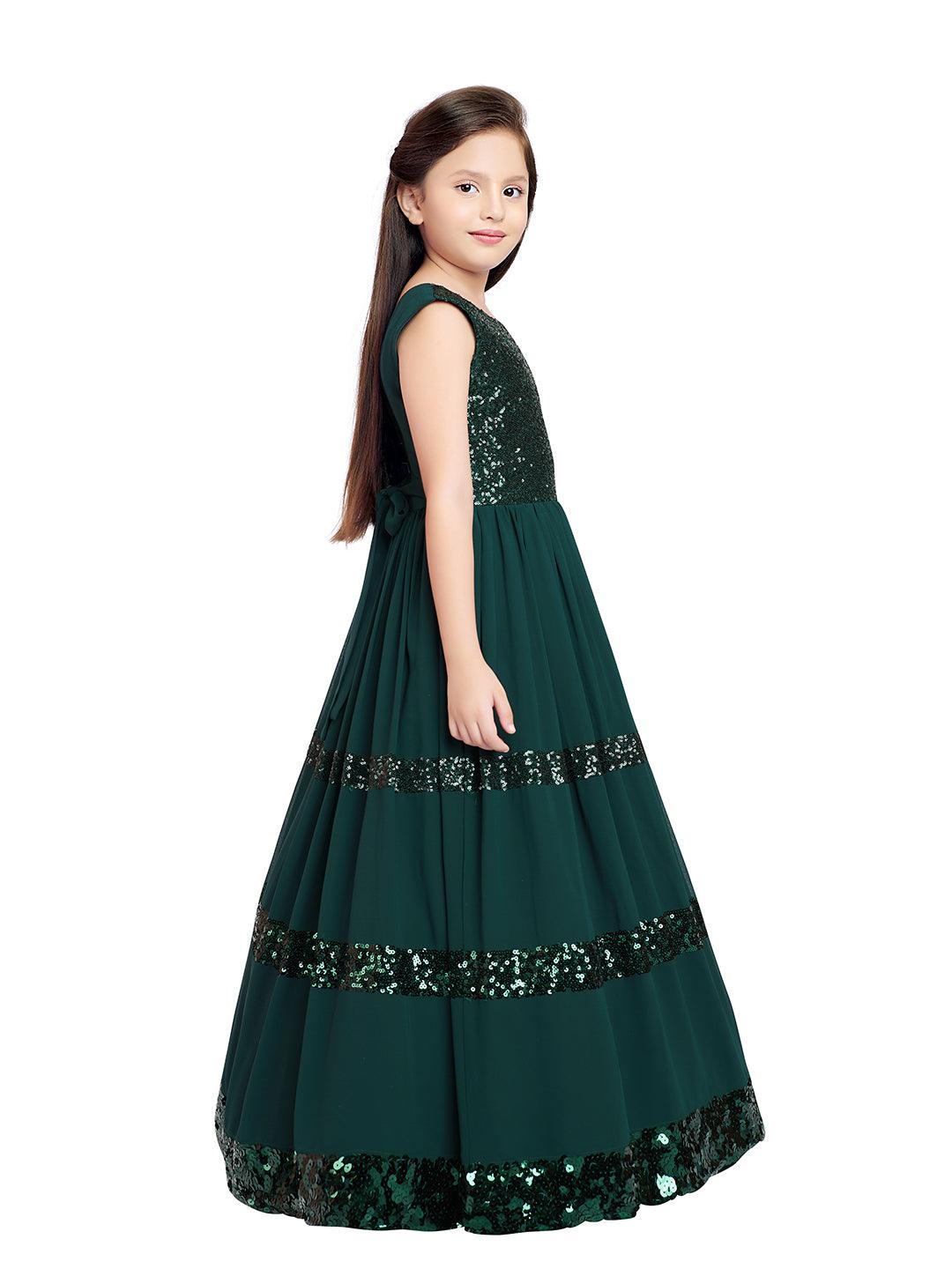 Bottle Green Coloured Sequined Georgette Gown For Girls - Betty Ethnic India - Gown - Betty Girls Wear Online