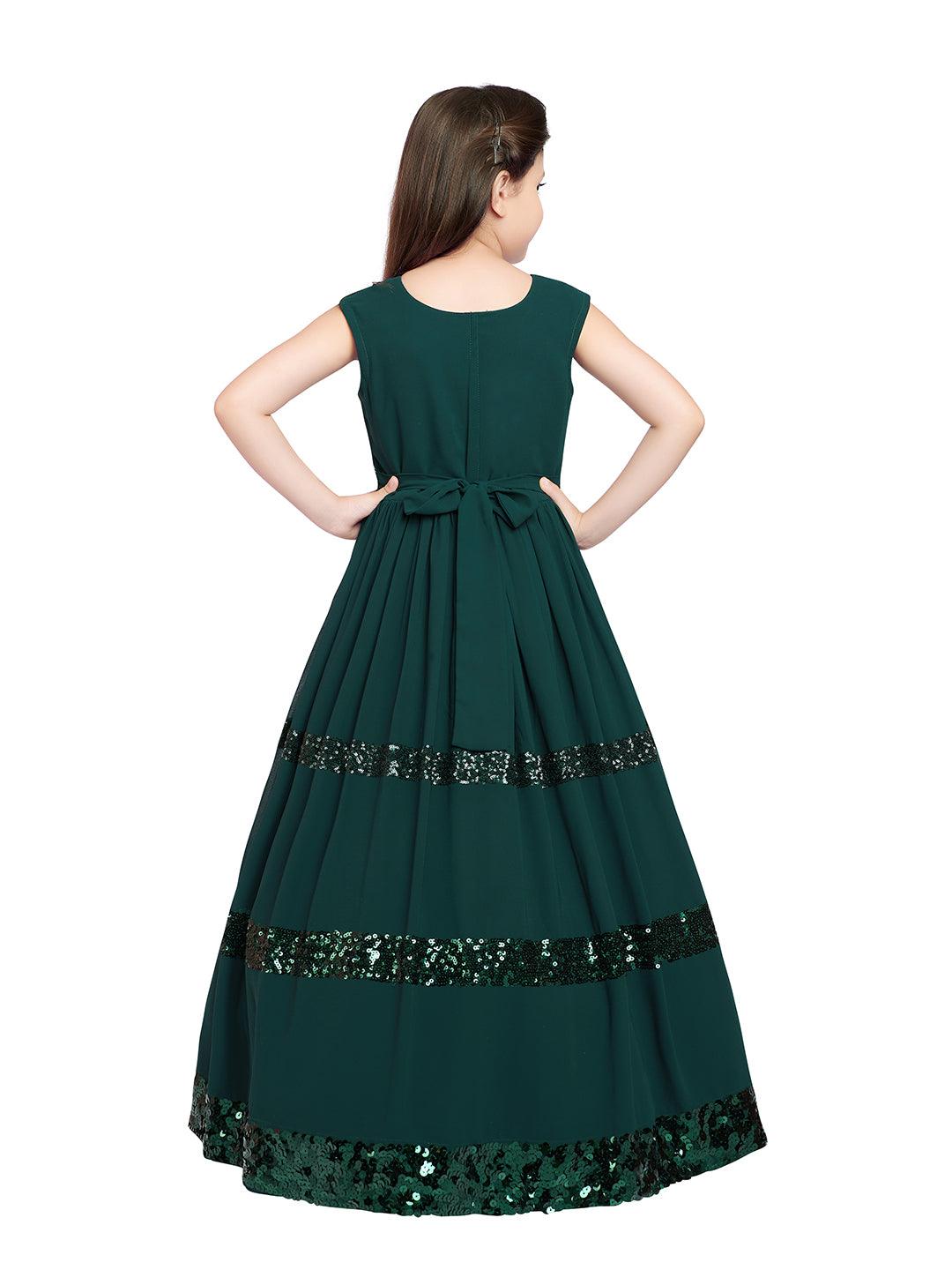 Bottle Green Coloured Sequined Georgette Gown For Girls - Betty Ethnic India - Gown - Betty Girls Wear Online