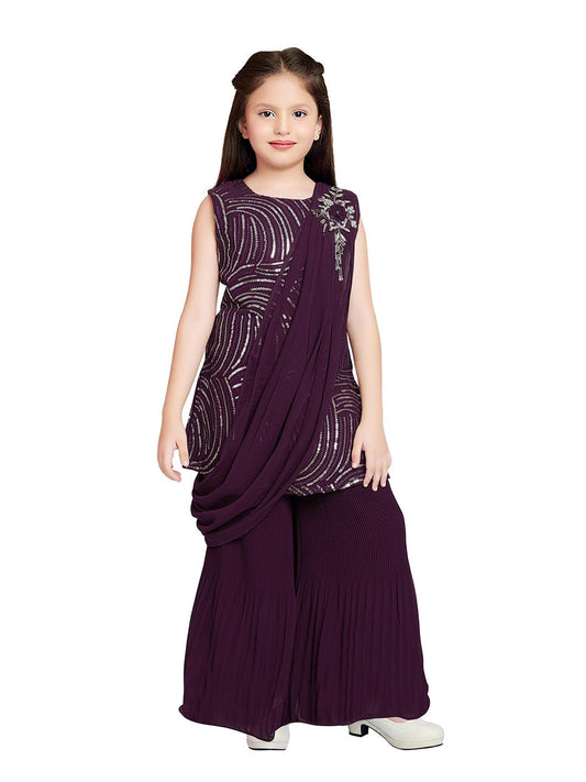 Wine Coloured Russian Palazzos Set For Girls - Betty Ethnic India - Gharara / Sharara Set - Betty Girls Wear Online