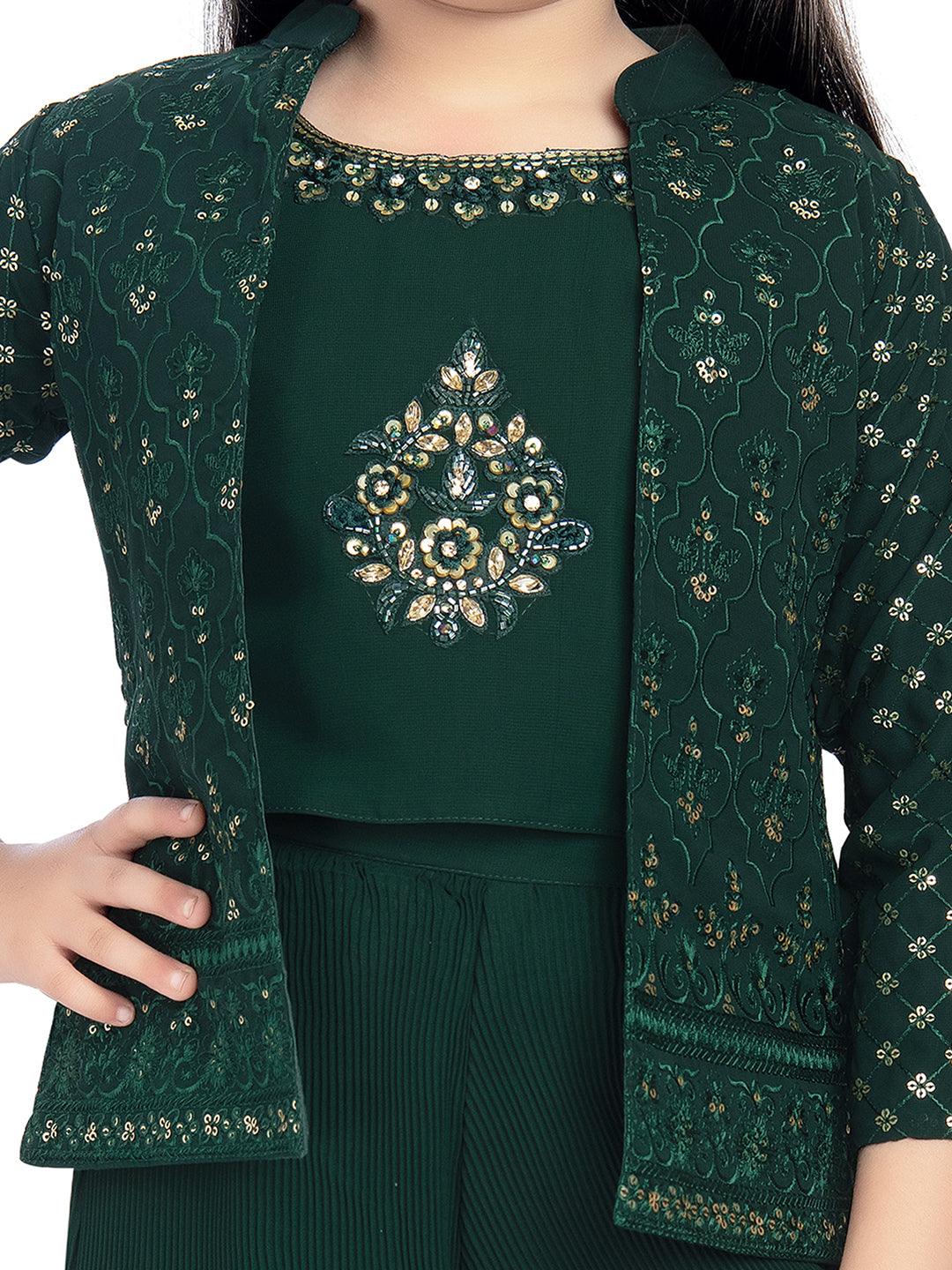 Bottle Green Coloured With Jacket Russian Palazzo Set For Girls - Betty Ethnic India - Gharara / Sharara Set - Betty Girls Wear Online