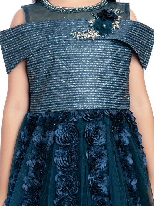 Peacock Blue Coloured Off Shoulder Self Design Maxi Dress Gown For Girls - Betty Ethnic India - Gown - Betty Girls Wear Online