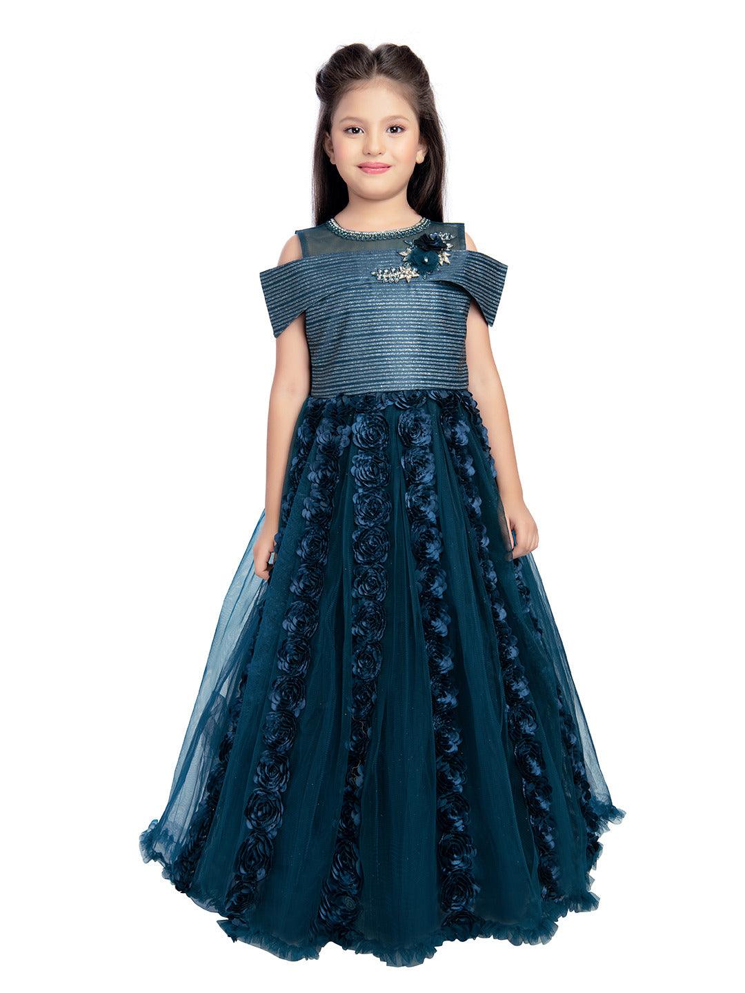 Peacock Blue Coloured Off Shoulder Self Design Maxi Dress Gown For Girls - Betty Ethnic India - Gown - Betty Girls Wear Online