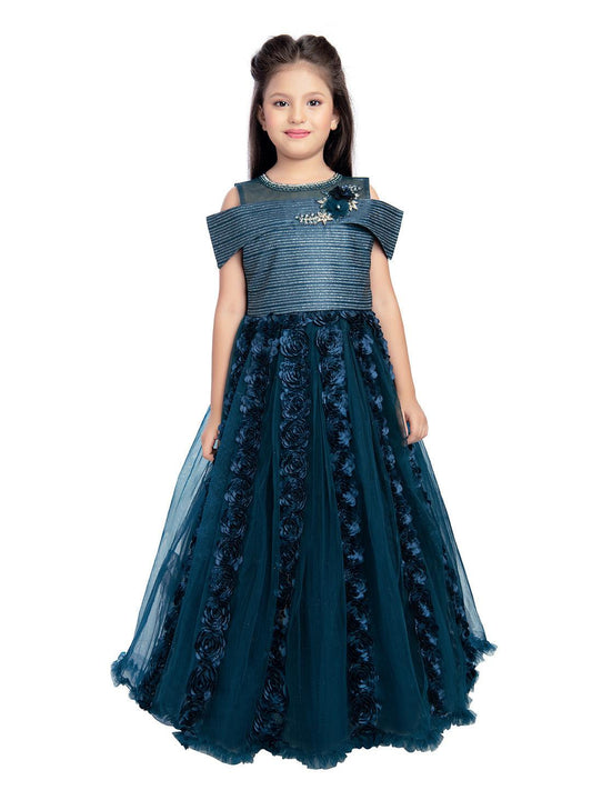 Peacock Blue Coloured Off Shoulder Self Design Maxi Dress Gown For Girls - Betty Ethnic India - Gown - Betty Girls Wear Online