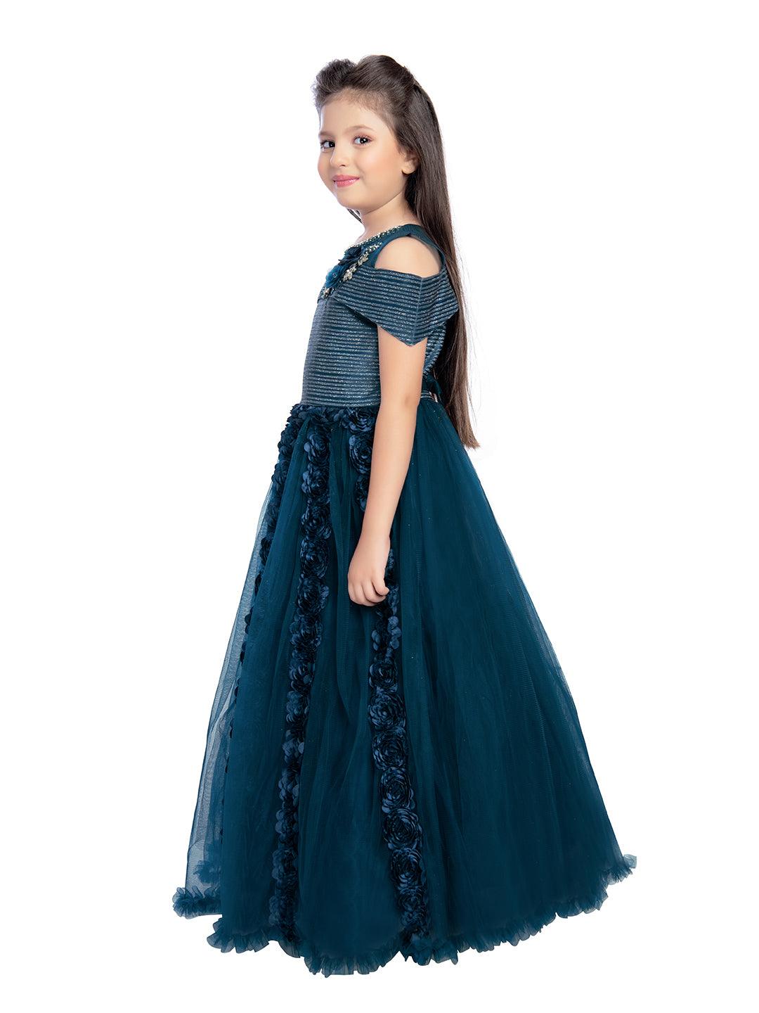Peacock Blue Coloured Off Shoulder Self Design Maxi Dress Gown For Girls - Betty Ethnic India - Gown - Betty Girls Wear Online