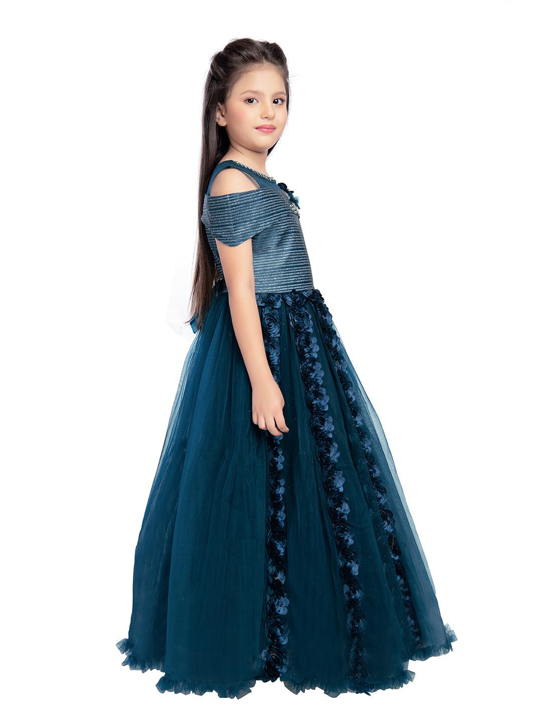 Peacock Blue Coloured Off Shoulder Self Design Maxi Dress Gown For Girls - Betty Ethnic India - Gown - Betty Girls Wear Online