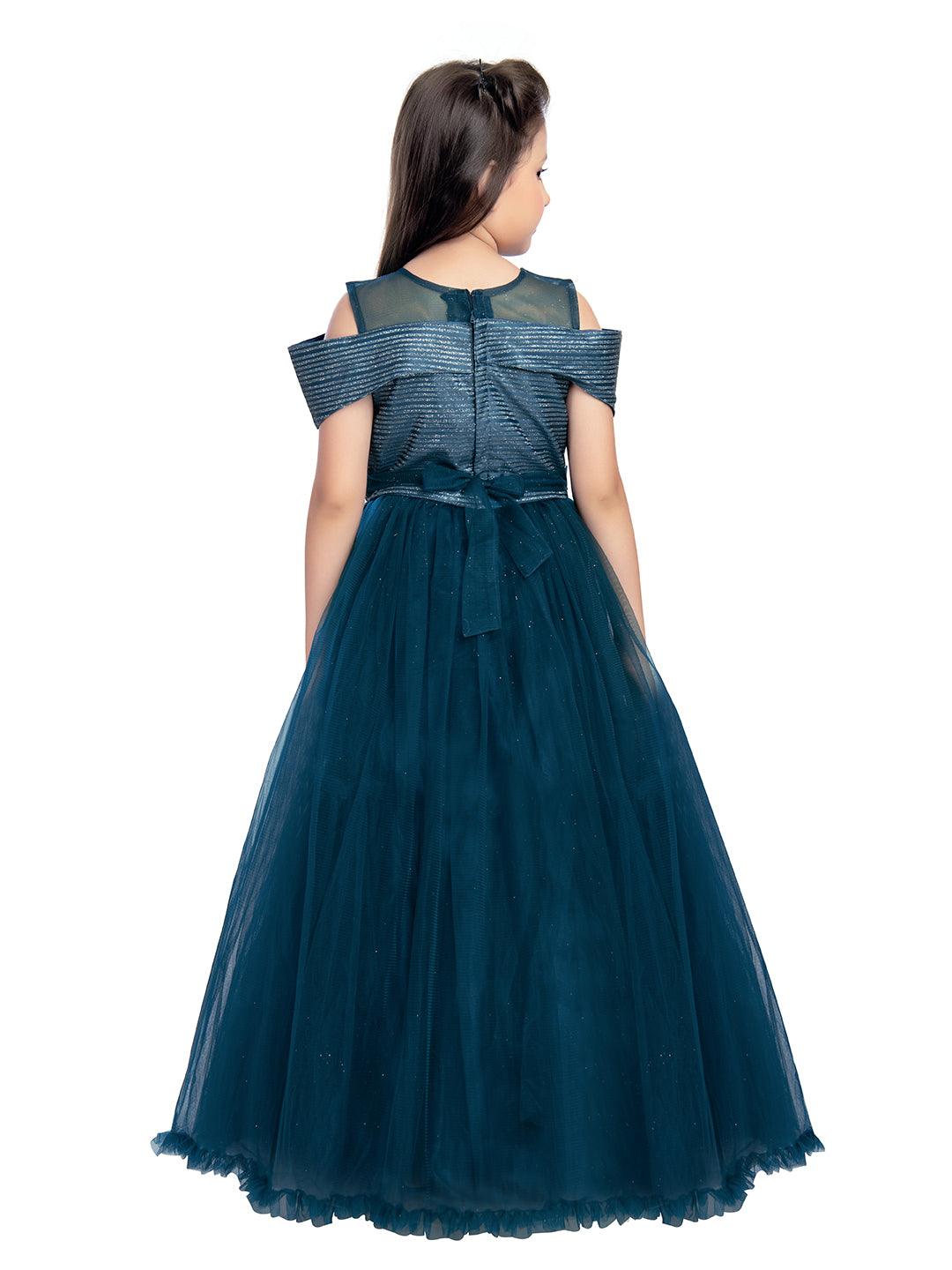 Peacock Blue Coloured Off Shoulder Self Design Maxi Dress Gown For Girls - Betty Ethnic India - Gown - Betty Girls Wear Online