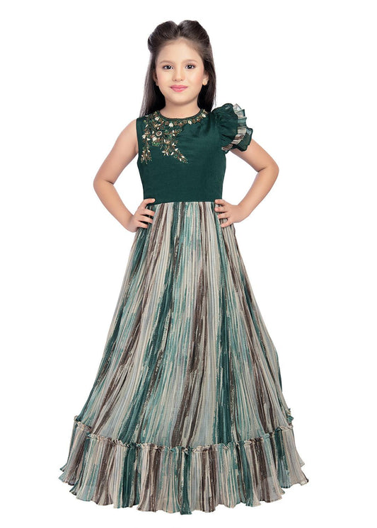 Bettle Coloured Ruffle Style One Sided Sleeves Gown For Girls - Betty Ethnic India - Gown - Betty Girls Wear Online