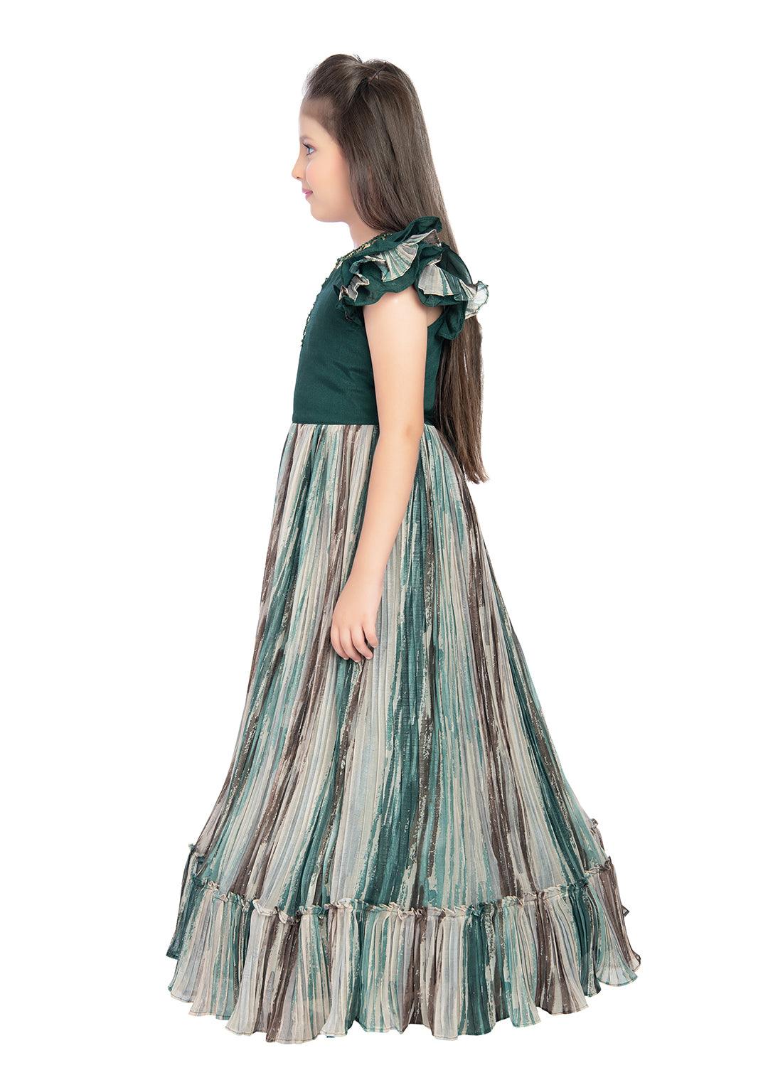 Bettle Coloured Ruffle Style One Sided Sleeves Gown For Girls - Betty Ethnic India - Gown - Betty Girls Wear Online