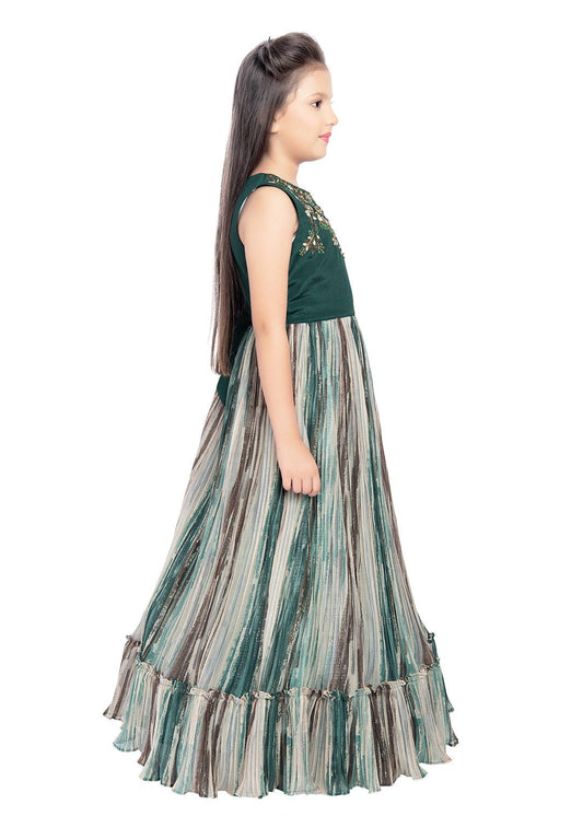 Bettle Coloured Ruffle Style One Sided Sleeves Gown For Girls - Betty Ethnic India - Gown - Betty Girls Wear Online