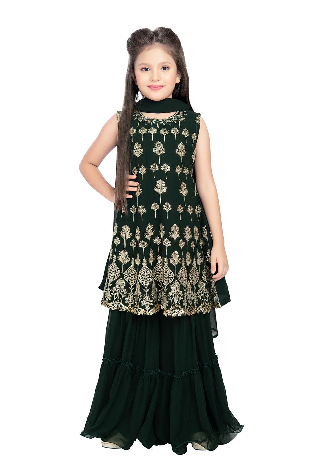 Bottle Green Coloured Ethnic Motifs Embroidered Thread Work Kurta with Sharara & With Dupatta Ready To Wear For Girls - Betty Ethnic India - Gharara / Sharara Set - Betty Girls Wear Online