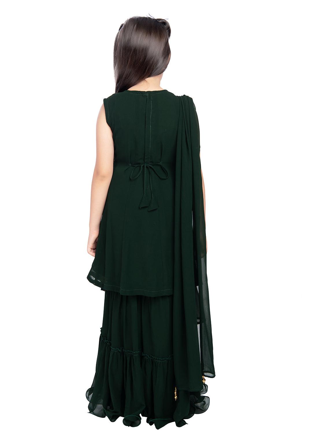 Bottle Green Coloured Ethnic Motifs Embroidered Thread Work Kurta with Sharara & With Dupatta Ready To Wear For Girls - Betty Ethnic India - Gharara / Sharara Set - Betty Girls Wear Online