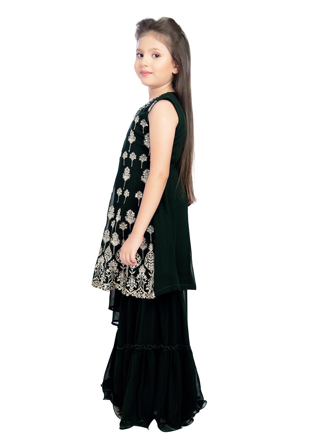 Bottle Green Coloured Ethnic Motifs Embroidered Thread Work Kurta with Sharara & With Dupatta Ready To Wear For Girls - Betty Ethnic India - Gharara / Sharara Set - Betty Girls Wear Online