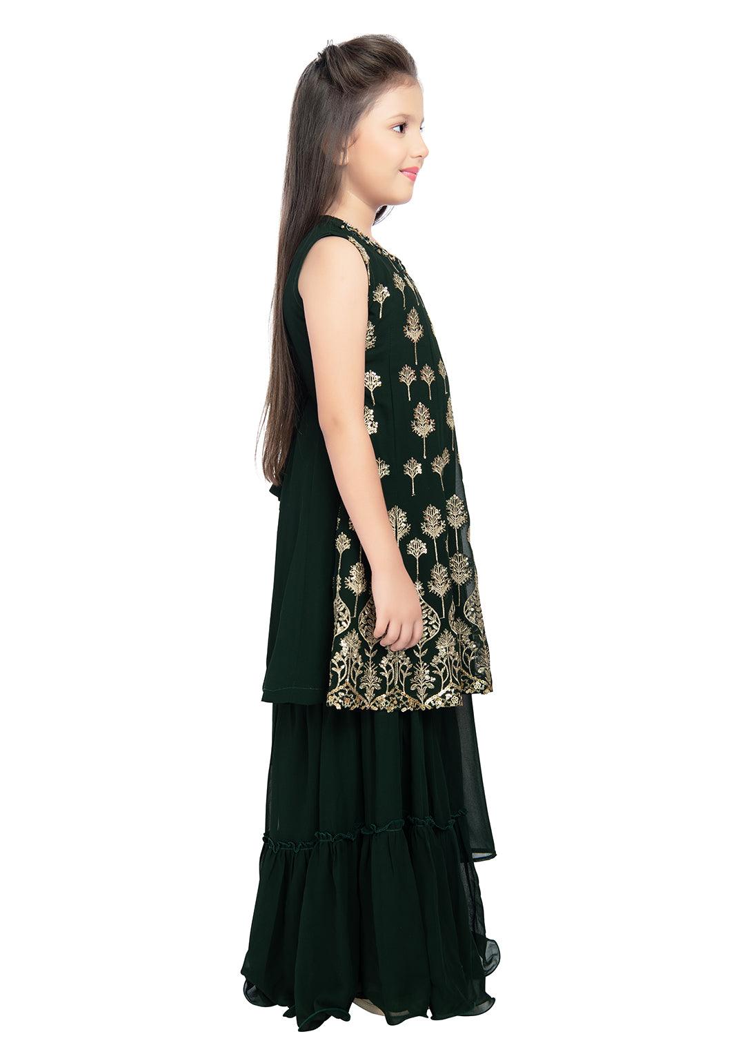 Bottle Green Coloured Ethnic Motifs Embroidered Thread Work Kurta with Sharara & With Dupatta Ready To Wear For Girls - Betty Ethnic India - Gharara / Sharara Set - Betty Girls Wear Online