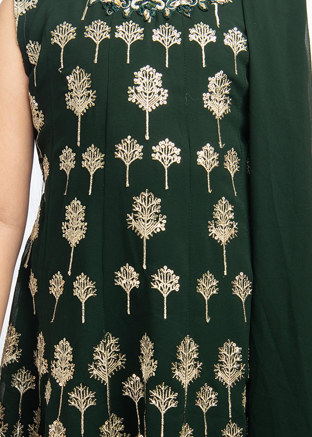 Bottle Green Coloured Ethnic Motifs Embroidered Thread Work Kurta with Sharara & With Dupatta Ready To Wear For Girls - Betty Ethnic India - Gharara / Sharara Set - Betty Girls Wear Online