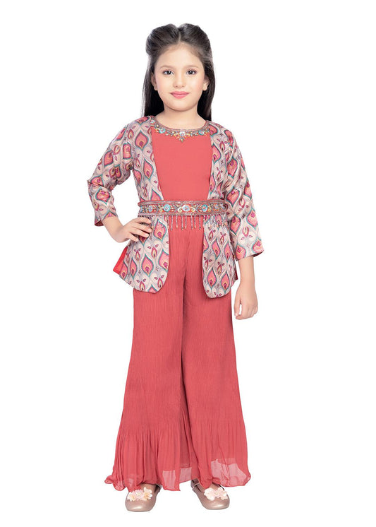 Peach Coloured Jacket Style Russian Palazzo Style Set For Girls With Separate Belt - Betty Ethnic India - Gharara / Sharara Set - Betty Girls Wear Online