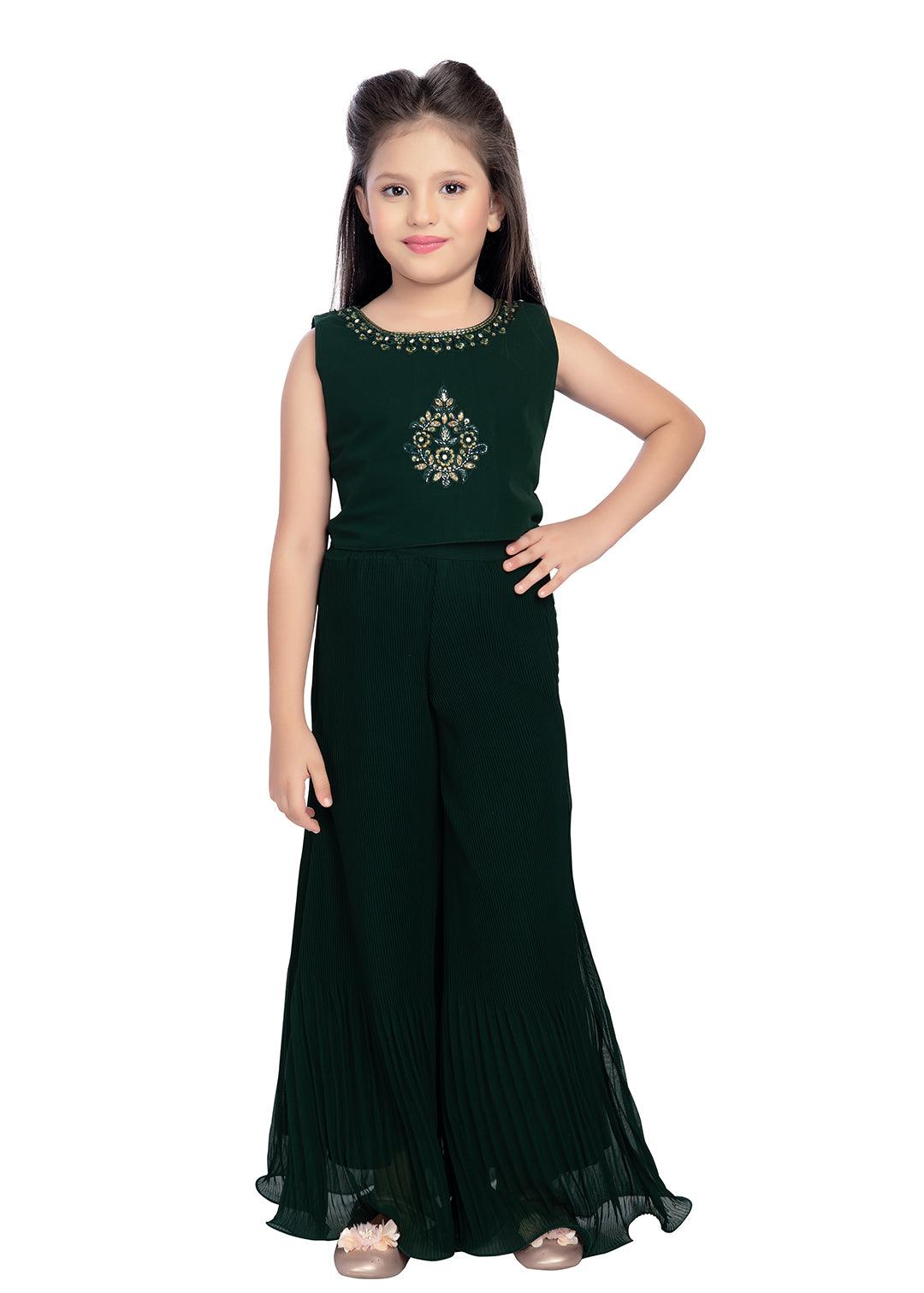 Bottle Green Coloured With Jacket Russian Palazzo Set For Girls - Betty Ethnic India - Gharara / Sharara Set - Betty Girls Wear Online