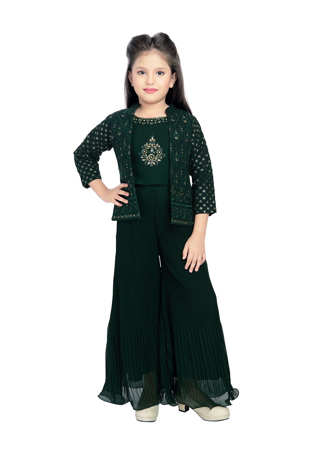 Bottle Green Coloured With Jacket Russian Palazzo Set For Girls - Betty Ethnic India - Gharara / Sharara Set - Betty Girls Wear Online