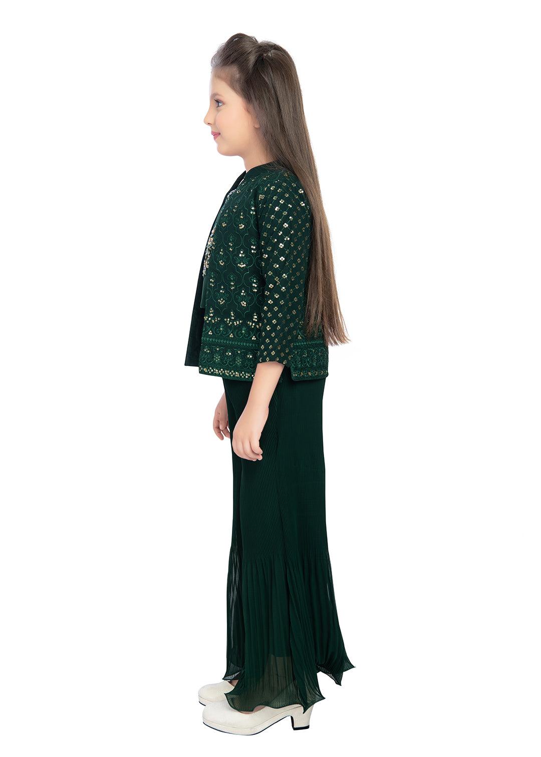 Bottle Green Coloured With Jacket Russian Palazzo Set For Girls - Betty Ethnic India - Gharara / Sharara Set - Betty Girls Wear Online