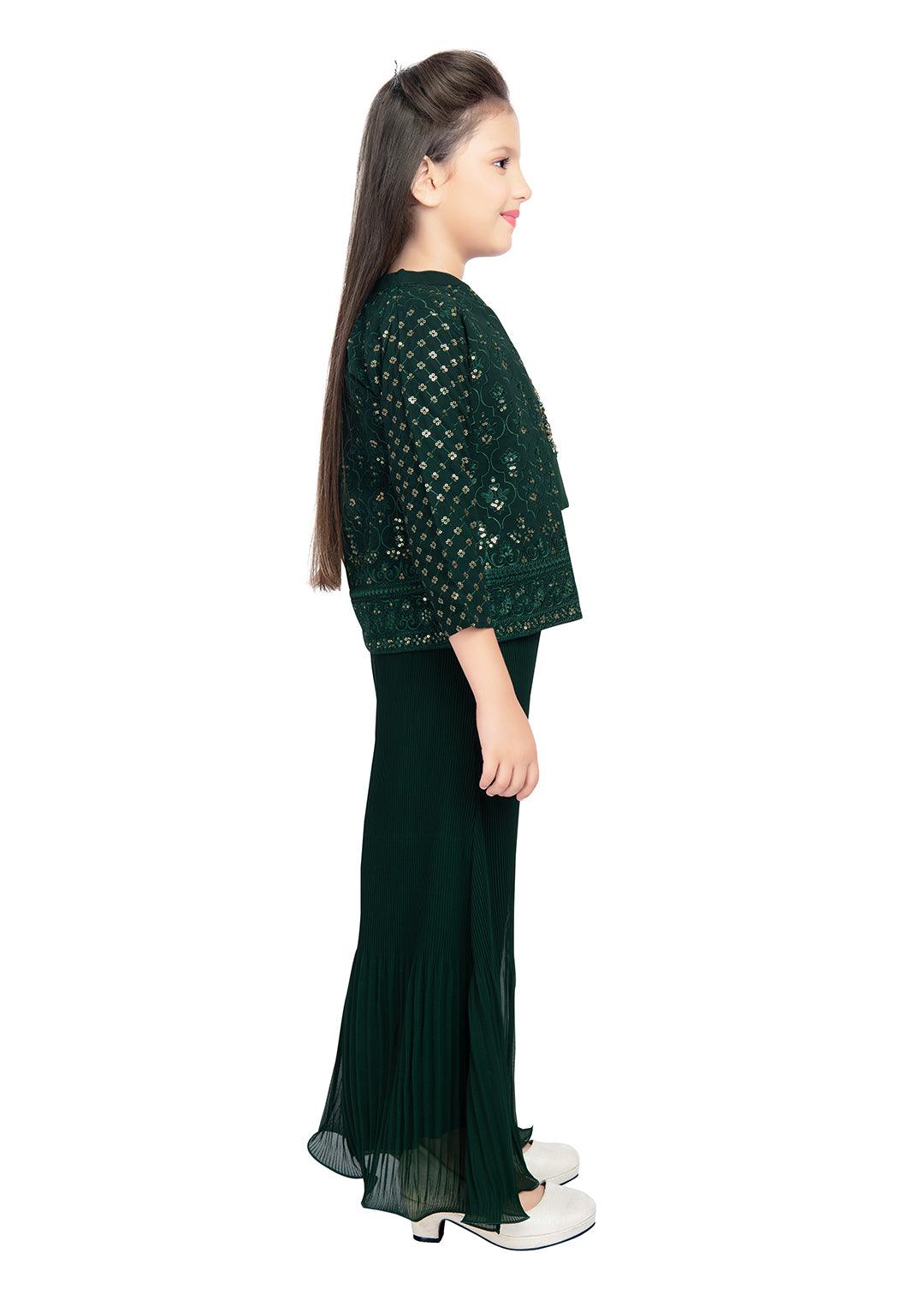 Bottle Green Coloured With Jacket Russian Palazzo Set For Girls - Betty Ethnic India - Gharara / Sharara Set - Betty Girls Wear Online