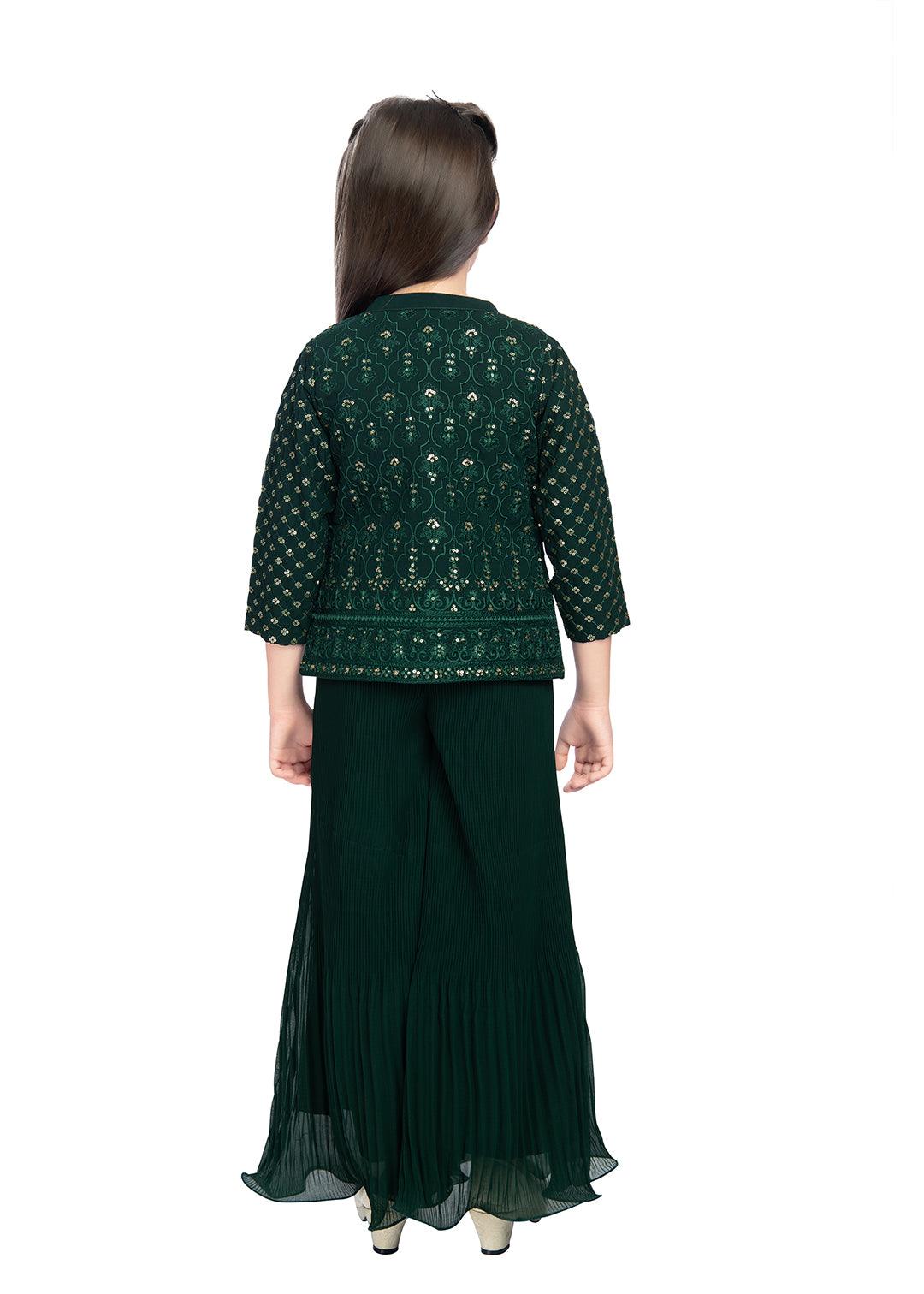 Bottle Green Coloured With Jacket Russian Palazzo Set For Girls - Betty Ethnic India - Gharara / Sharara Set - Betty Girls Wear Online