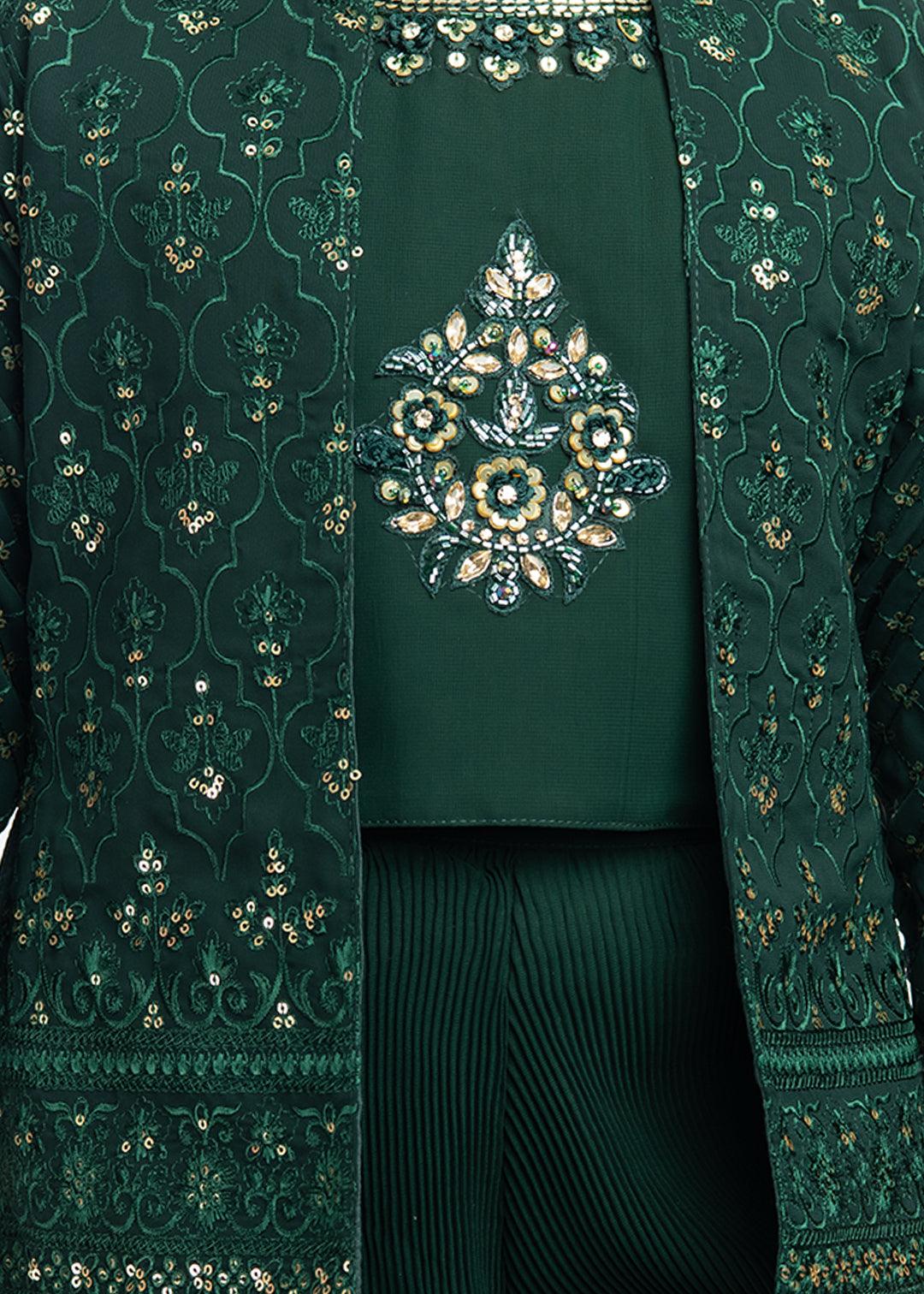 Bottle Green Coloured With Jacket Russian Palazzo Set For Girls - Betty Ethnic India - Gharara / Sharara Set - Betty Girls Wear Online