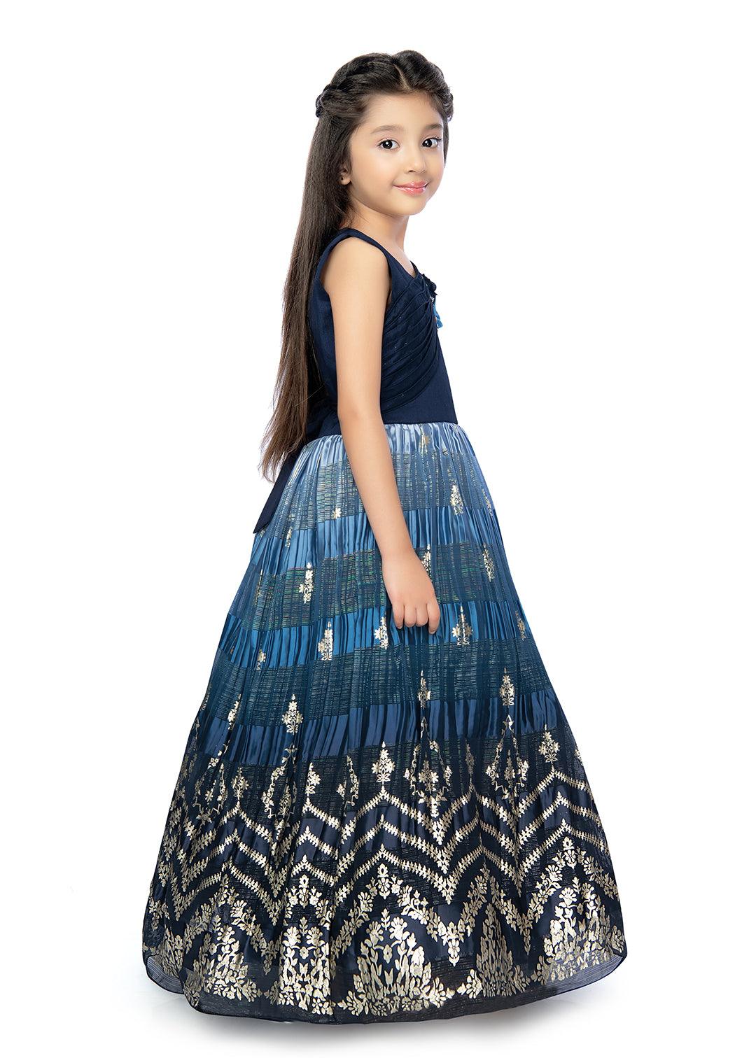 Navy Blue Coloured Floral Printed Satin Fit & Flare Maxi Dress with an elegant floral print, flared hemline For Girls - Betty Ethnic India - Gown - Betty Girls Wear Online