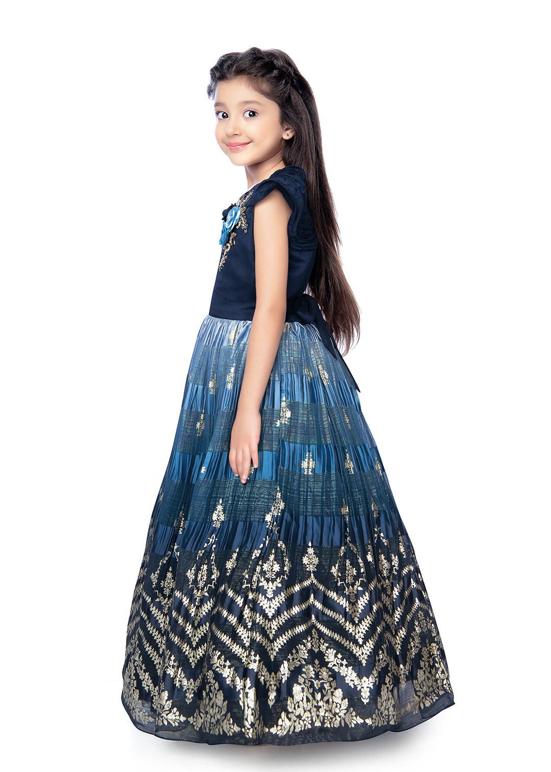 Navy Blue Coloured Floral Printed Satin Fit & Flare Maxi Dress with an elegant floral print, flared hemline For Girls - Betty Ethnic India - Gown - Betty Girls Wear Online