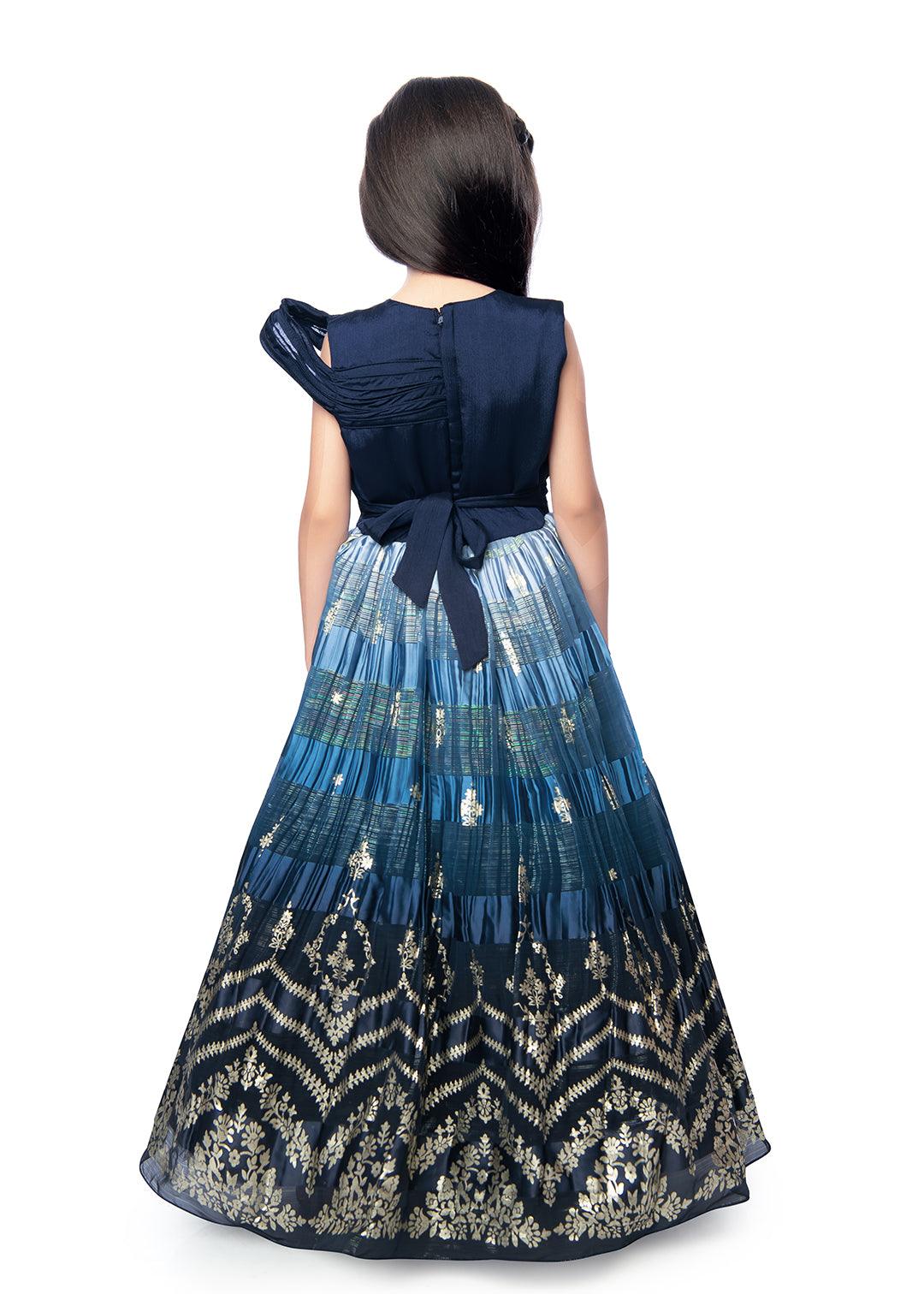 Navy Blue Coloured Floral Printed Satin Fit & Flare Maxi Dress with an elegant floral print, flared hemline For Girls - Betty Ethnic India - Gown - Betty Girls Wear Online