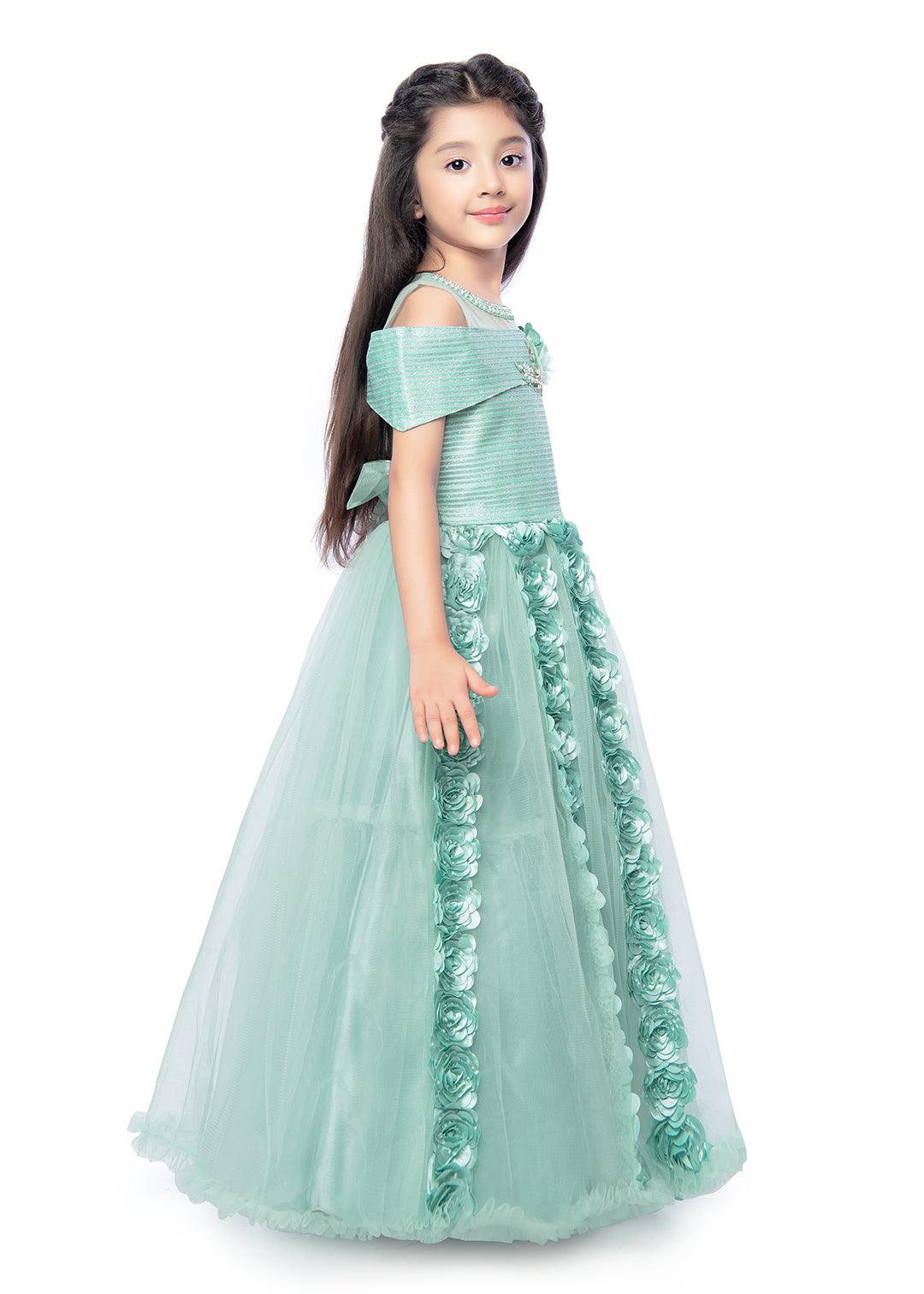 Sea Green Coloured Off Shoulder Self Design Maxi Dress Gown For Girls - Betty Ethnic India - Gown - Betty Girls Wear Online