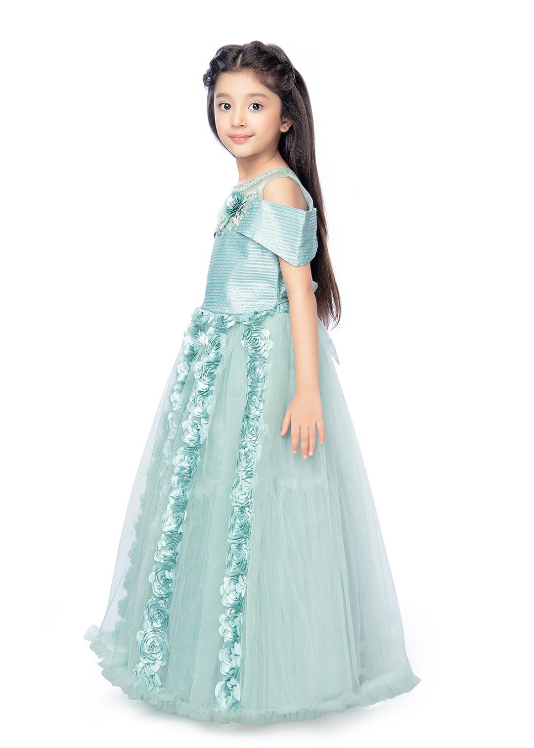 Sea Green Coloured Off Shoulder Self Design Maxi Dress Gown For Girls - Betty Ethnic India - Gown - Betty Girls Wear Online