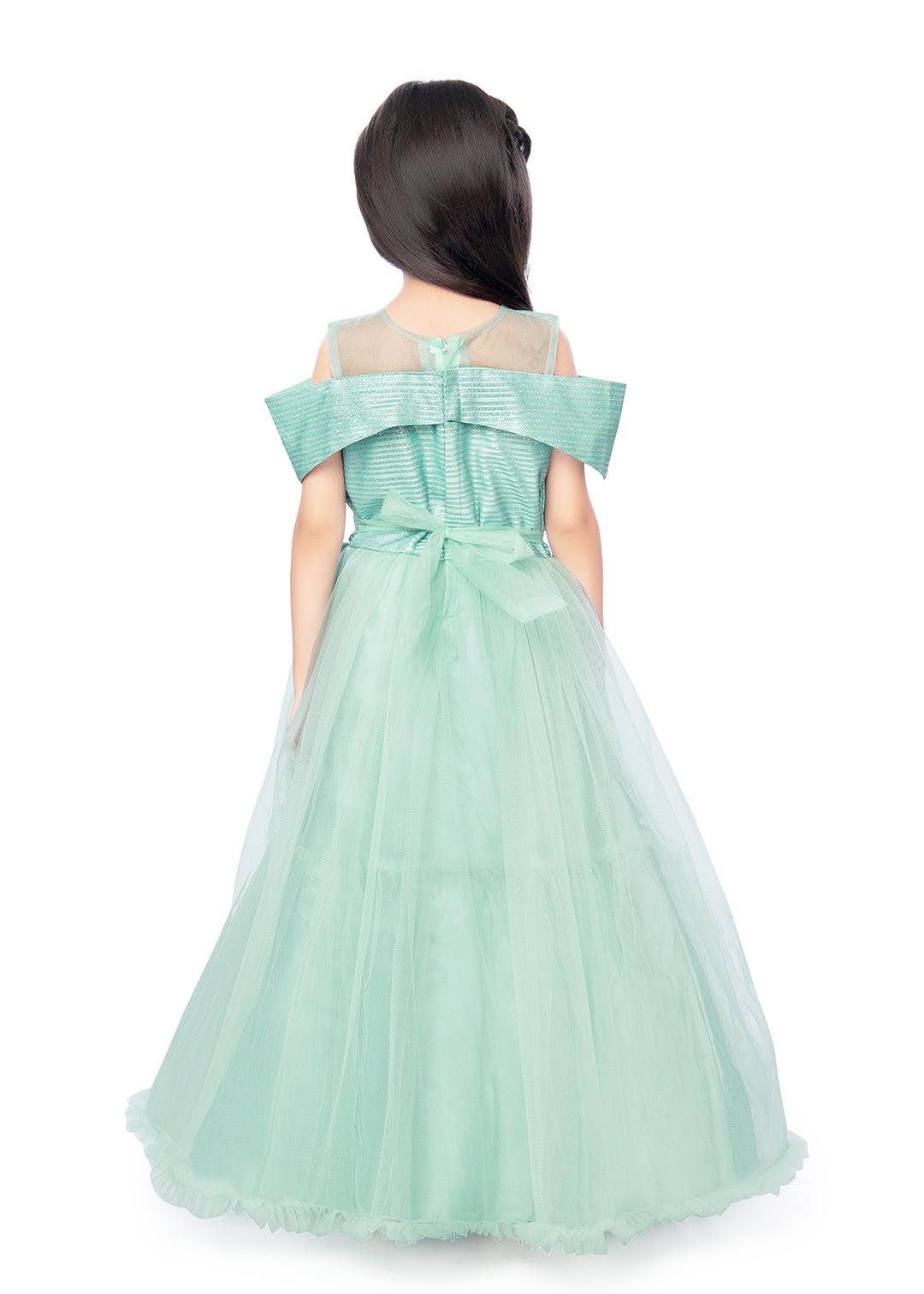 Sea Green Coloured Off Shoulder Self Design Maxi Dress Gown For Girls - Betty Ethnic India - Gown - Betty Girls Wear Online