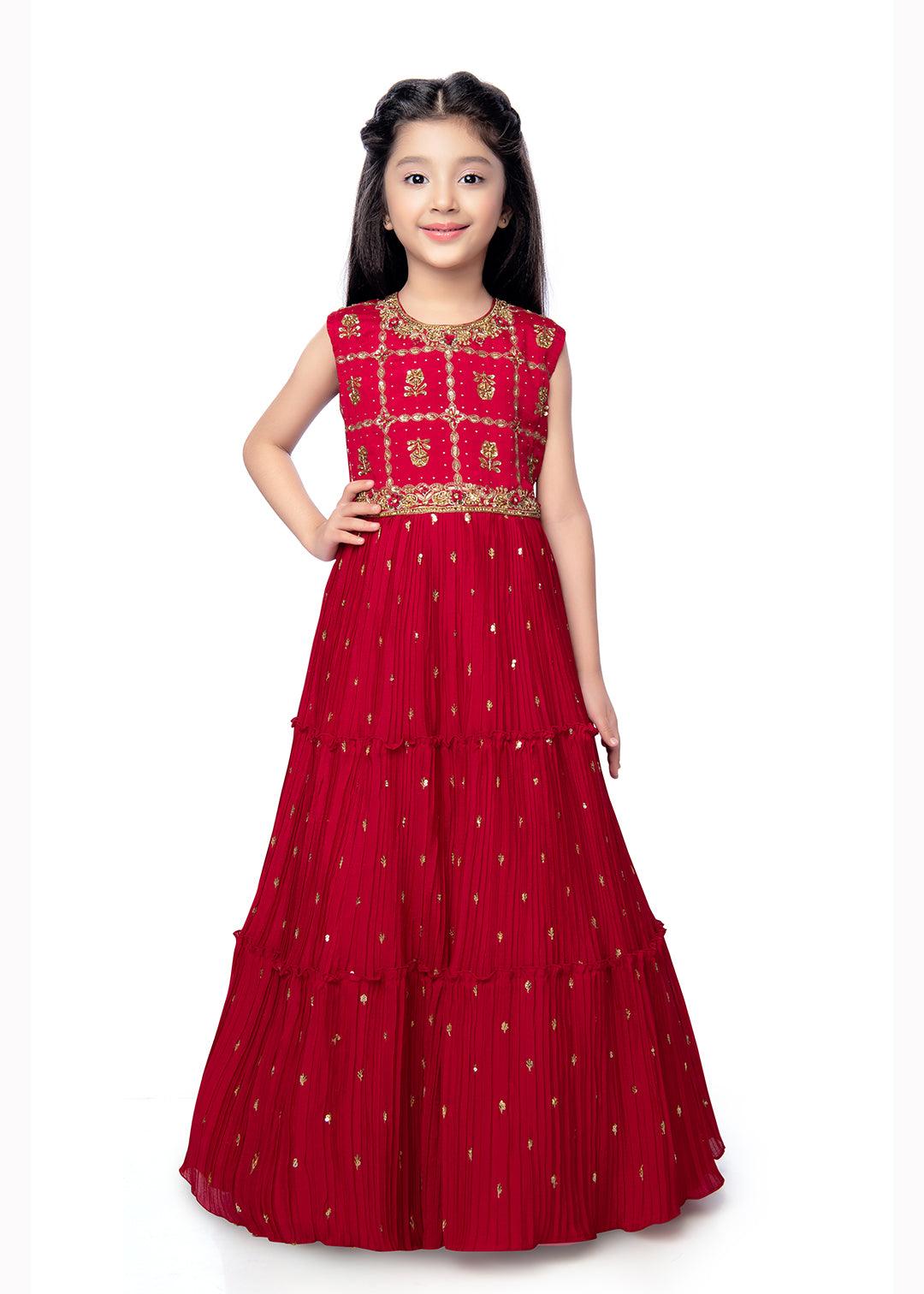 Rani Coloured Girls Floral Embroidered Tiered Fit & Flare Dress Maxi Gown - Betty Ethnic India - Gown - Betty Girls Wear Online