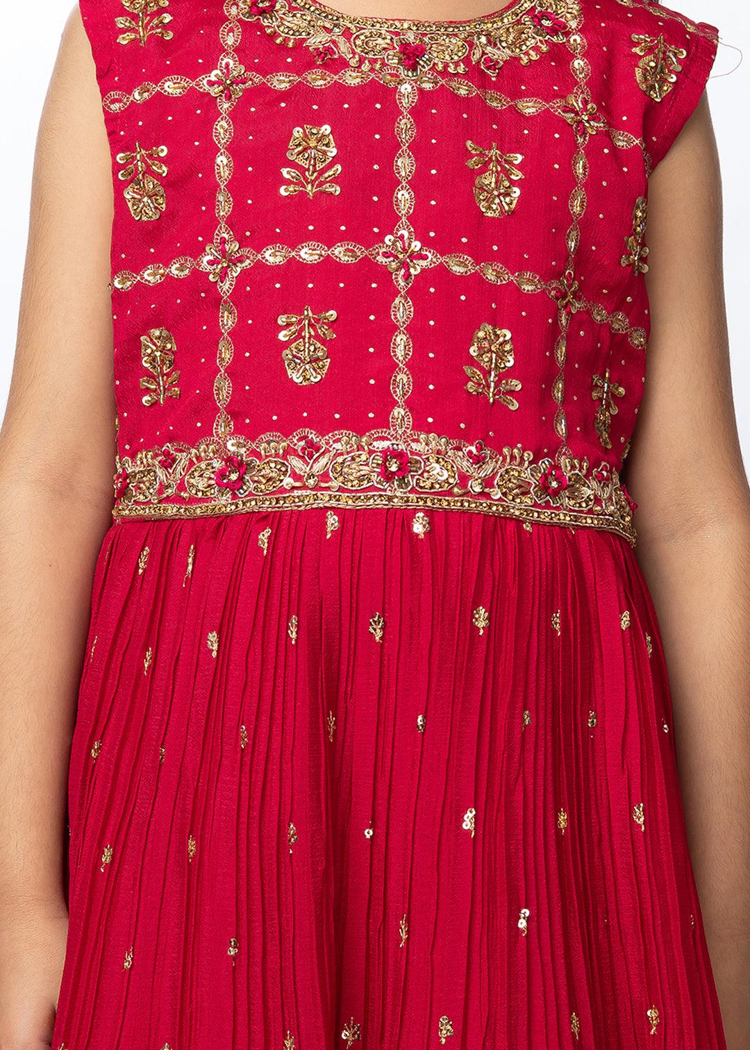 Rani Coloured Girls Floral Embroidered Tiered Fit & Flare Dress Maxi Gown - Betty Ethnic India - Gown - Betty Girls Wear Online