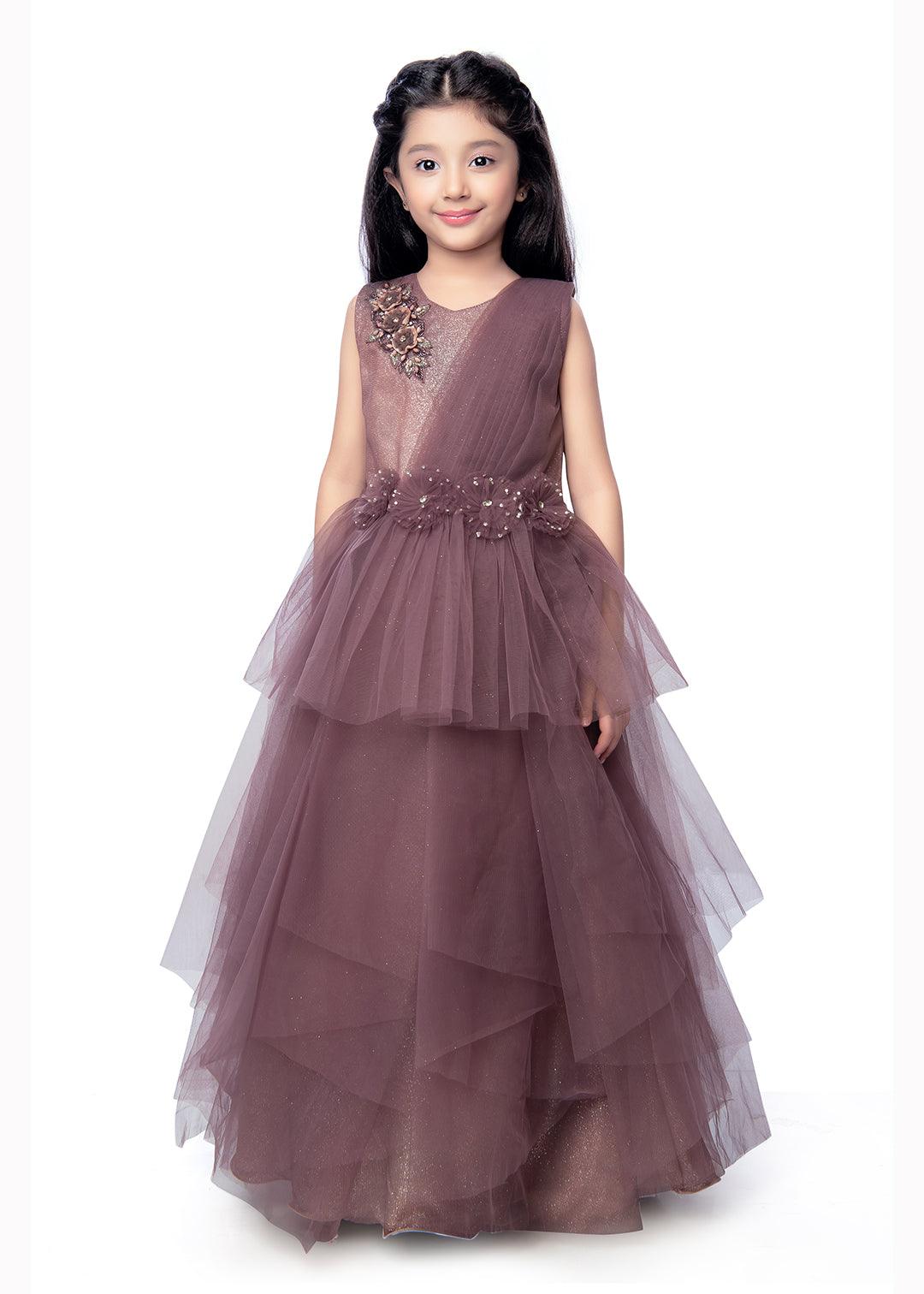 Wine Coloured Imported Net Stylist Maxi Dress Gown For Girls - Betty Ethnic India - Gown - Betty Girls Wear Online