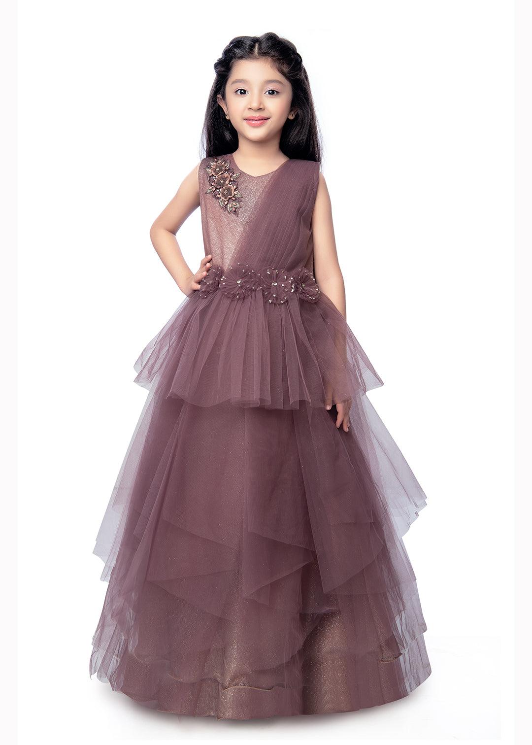 Wine Coloured Imported Net Stylist Maxi Dress Gown For Girls - Betty Ethnic India - Gown - Betty Girls Wear Online